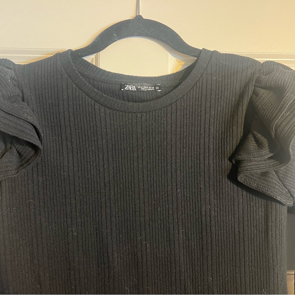 Zara Black Textured Top with Ruffle Detail
